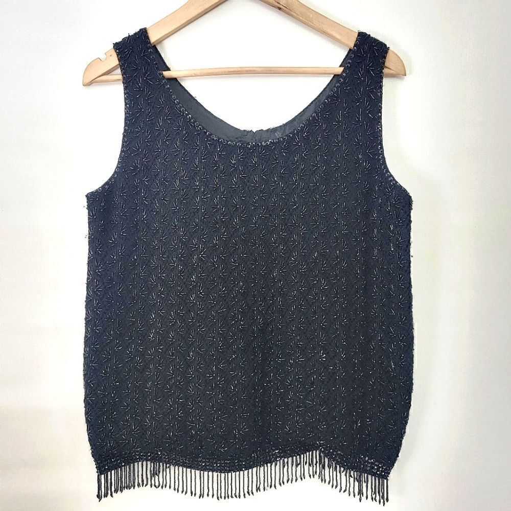 Vintage Heavy Beaded Black Tassle Hem Top